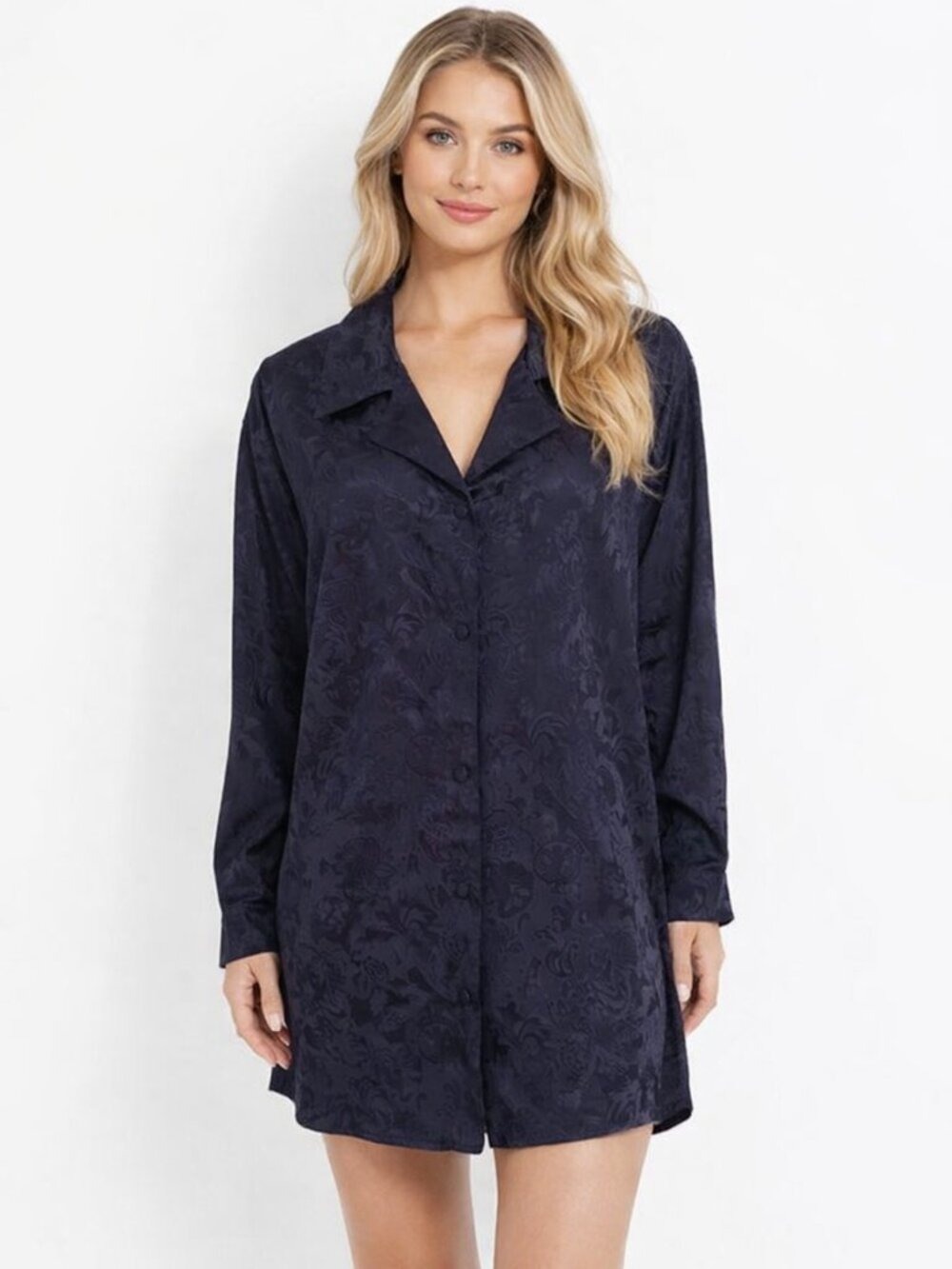 Victoria's Secret Navy Blue Burnout Satin Sleep Shirt Button Front Petite Small
